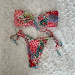 Floral Patchwork Print Cutout Bandeau Bikini Set